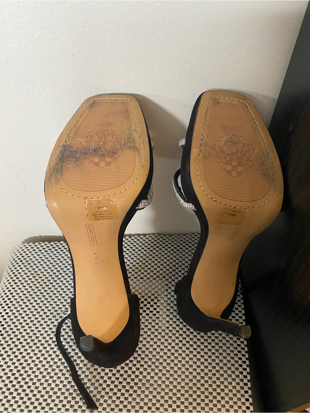 Vince Camuto Black Suede Ankle-Strap Heels with Rhinestone Knot - Picture 3 of 6